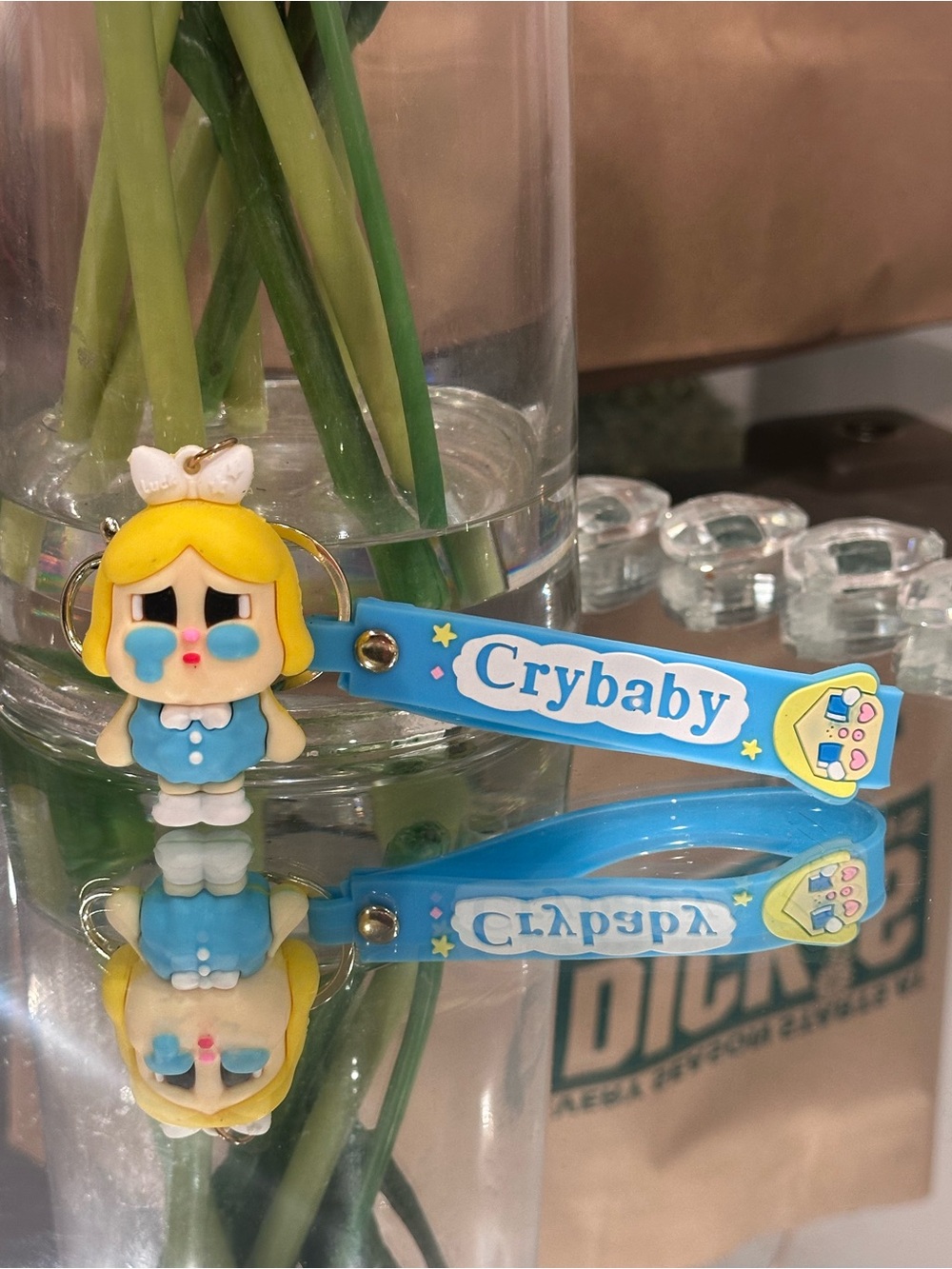 Crybaby Blue Kawaii Crying Girl PVC Keychain Wristlet Bag Charm Gold Tone Y2K